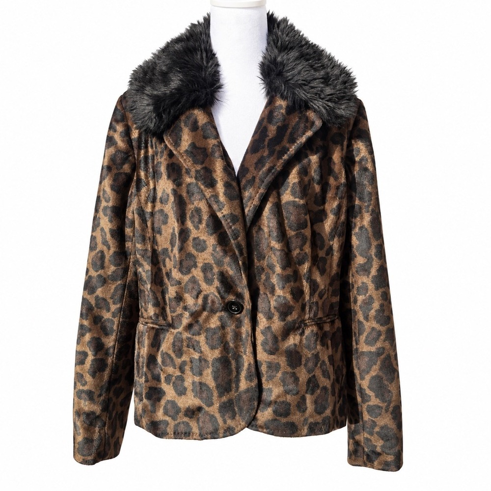 INC International Concepts Women's XL Leopard Faux Fur Collar Jacket Mob Wife